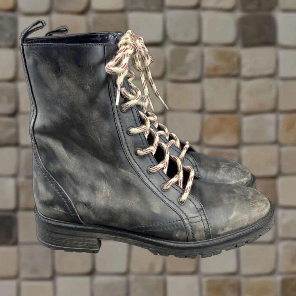 Zara Distressed Black Combat Boots with Cream Laces